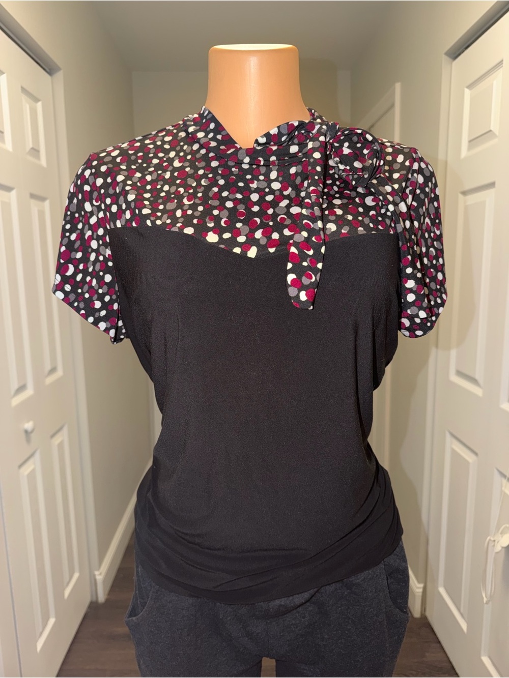 DIANA BELLE Black Polka Dot Tie-Neck Women's Top SIZE  L